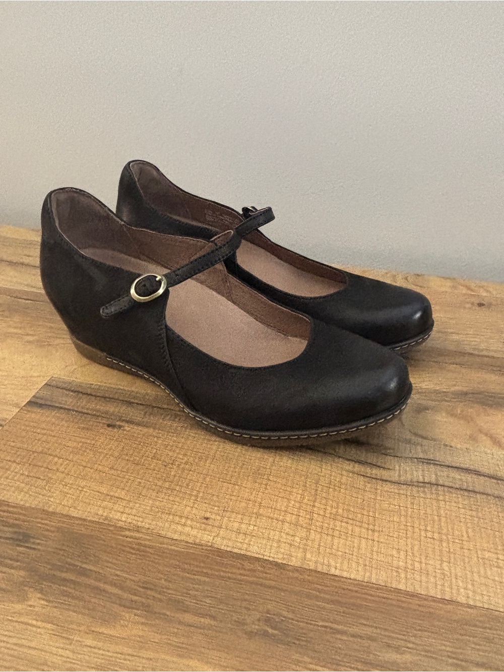 Dansko Black Leather Mary Jane Wedge Shoes